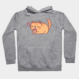 Cute Chubby Orange Tabby Cat Loves Boba Tea Hoodie